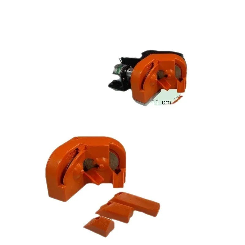 Portable handheld grinding tool with orange and black grinding wheel sets on workbench