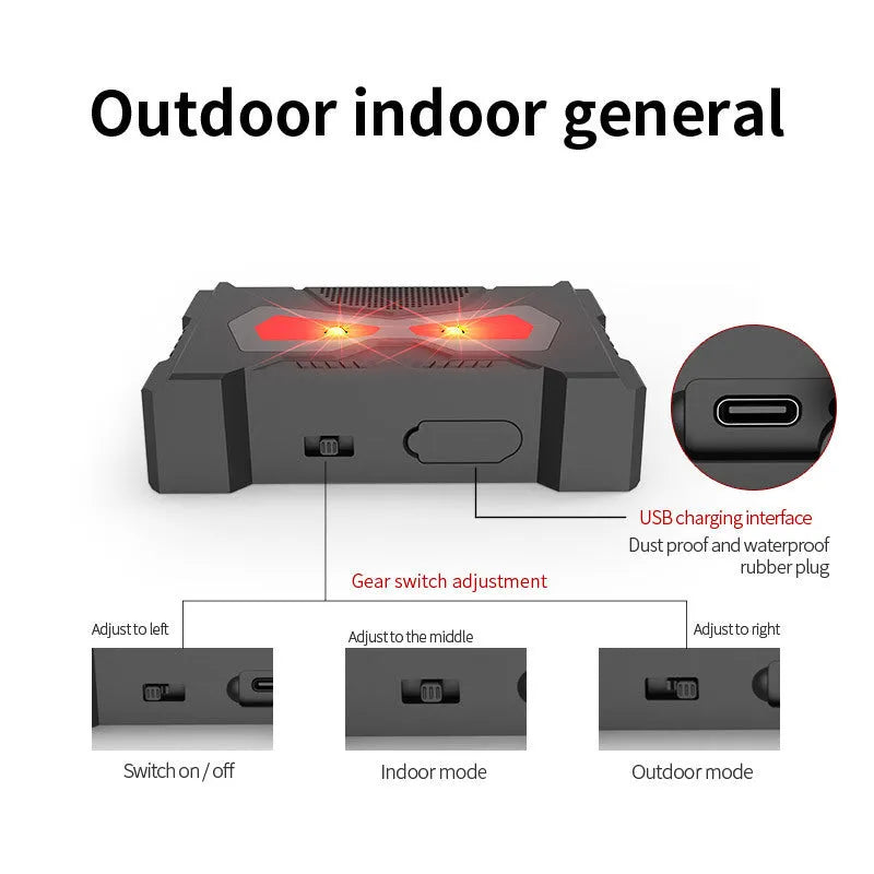 Black outdoor ultrasonic animal repeller with solar panel and charging cable