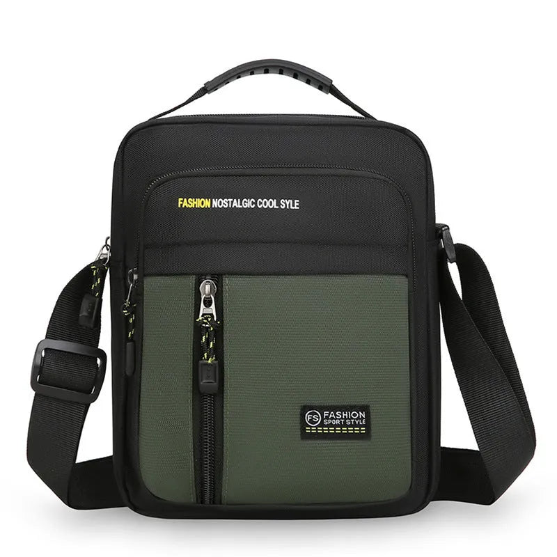 Men's casual green nylon crossbody messenger bag with visible stitching, shown from the side.