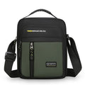 Men's casual green nylon crossbody messenger bag with visible stitching, shown from the side.