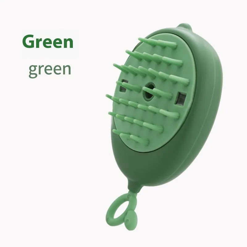 Pet spray massage brush with silicone bristles and a 200ml essence bottle in avocado green.