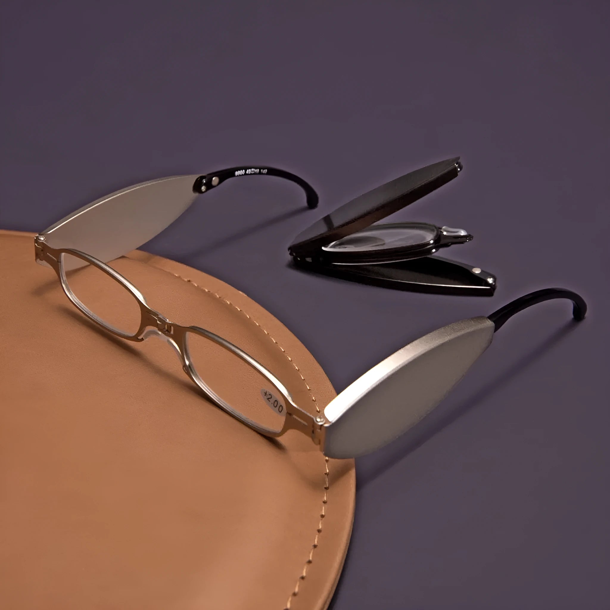 Folding retro-style presbyopic glasses for men in black frame, shown open and folded.