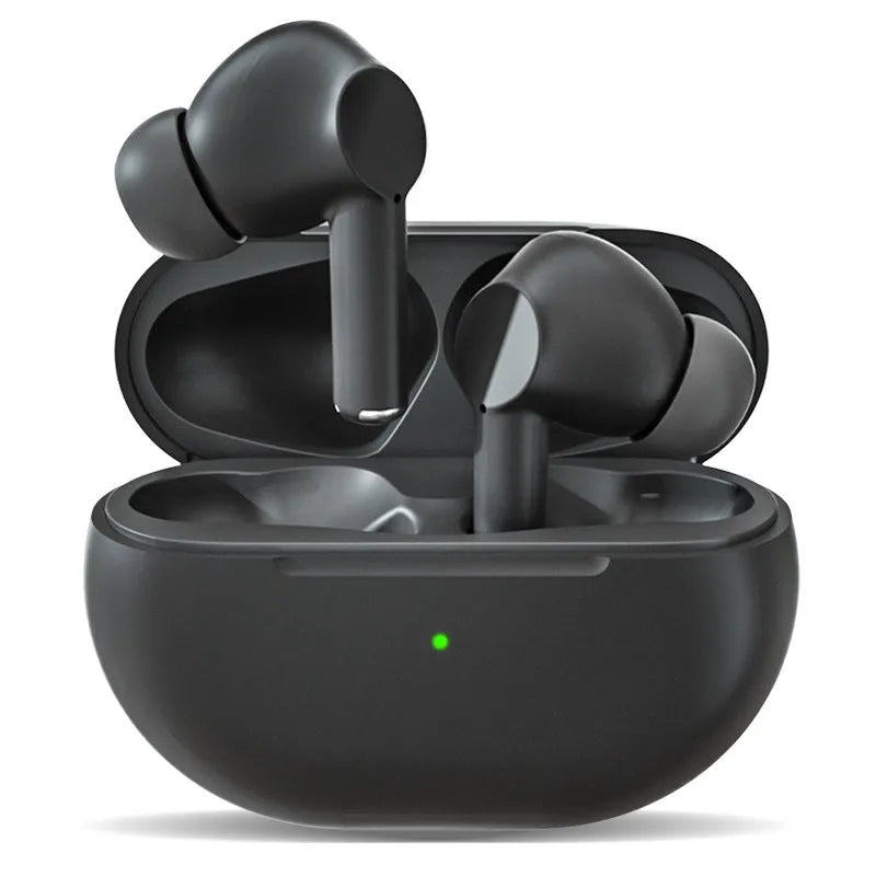 Black and white Pro4 wireless Bluetooth earphones with a charging case and cable.