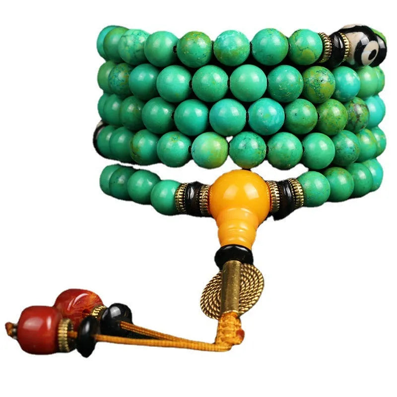 Natural turquoise stone bracelet with 108 polished 8mm round beads in national style design