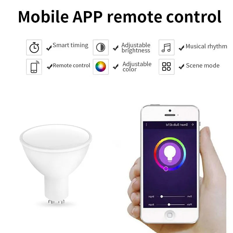 Smart GU10 LED spotlight bulb with RGBCCT colour changing and WiFi connectivity for voice control