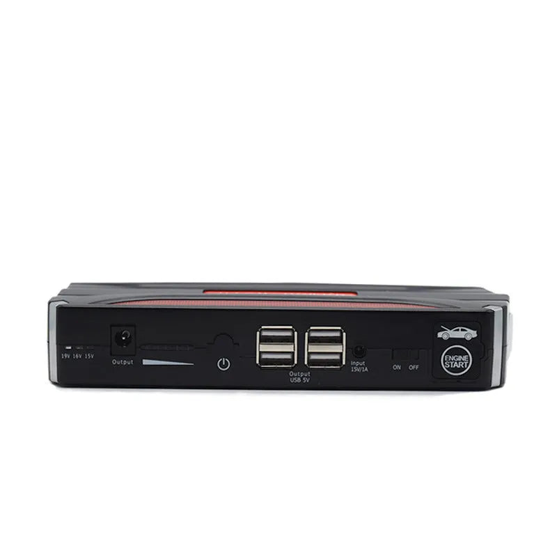 Black and red 12V vehicle emergency starting power supply with 7800mAh capacity for car jump starting