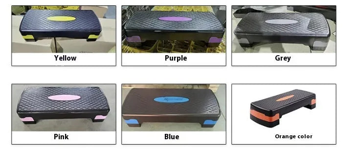 A grey ABS plastic step aerobics platform for fitness workouts, showing its size and textured surface.