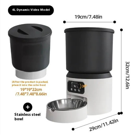 4L smart pet feeder with control panel, food hopper, and optional stainless steel bowl for cats and dogs.