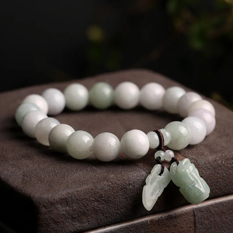 Natural emerald jade hanging bracelet with geometric design and Maitreya Buddha elements