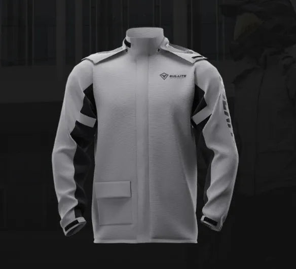 Motorcycle rain suit set comprising a raincoat, rain trousers, hidden shoe covers and a storage bag.