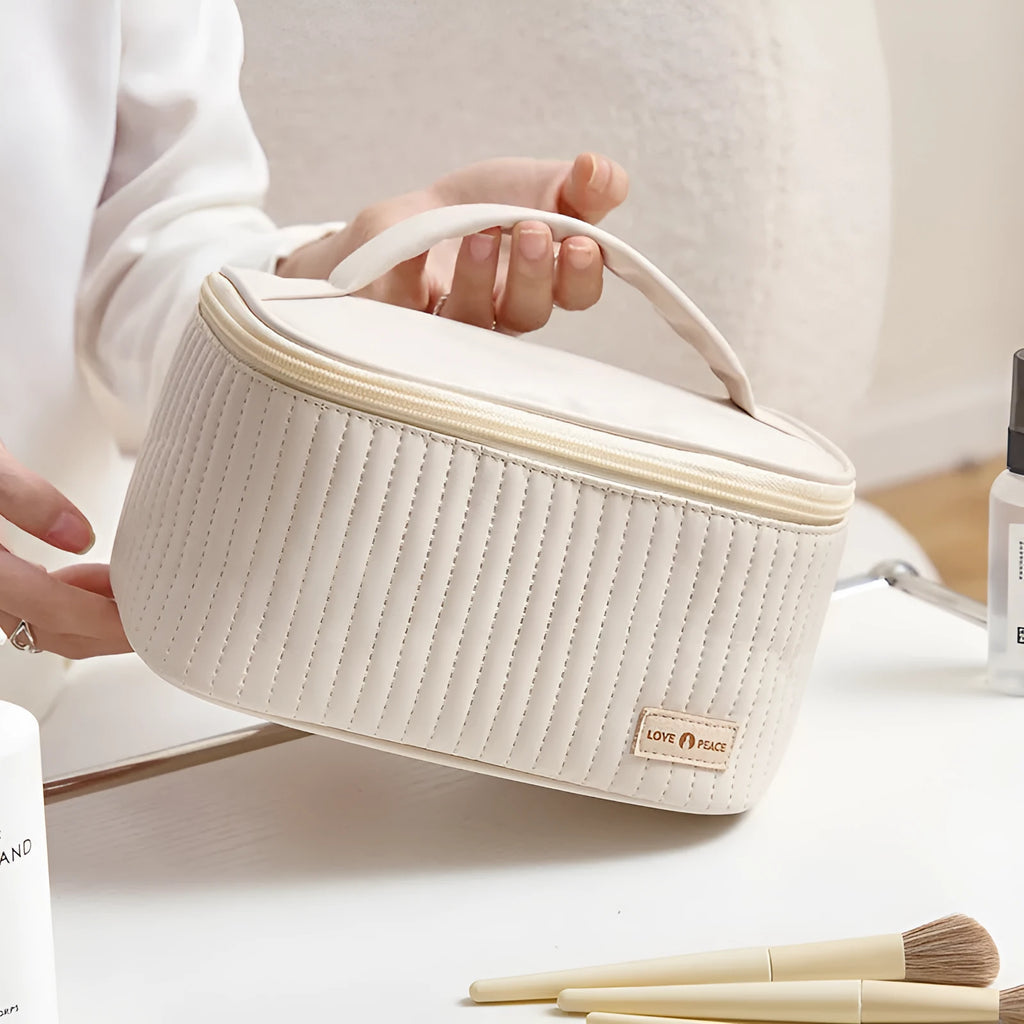 Open-top pink PU leather cosmetic bag with solid colour design