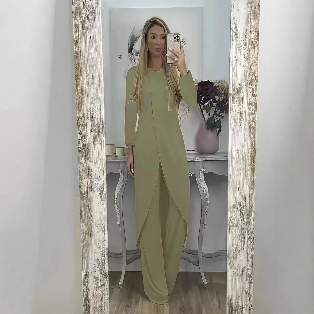 Women's black polyester long sleeve two-piece lounge set with loose fit round neck top and trousers