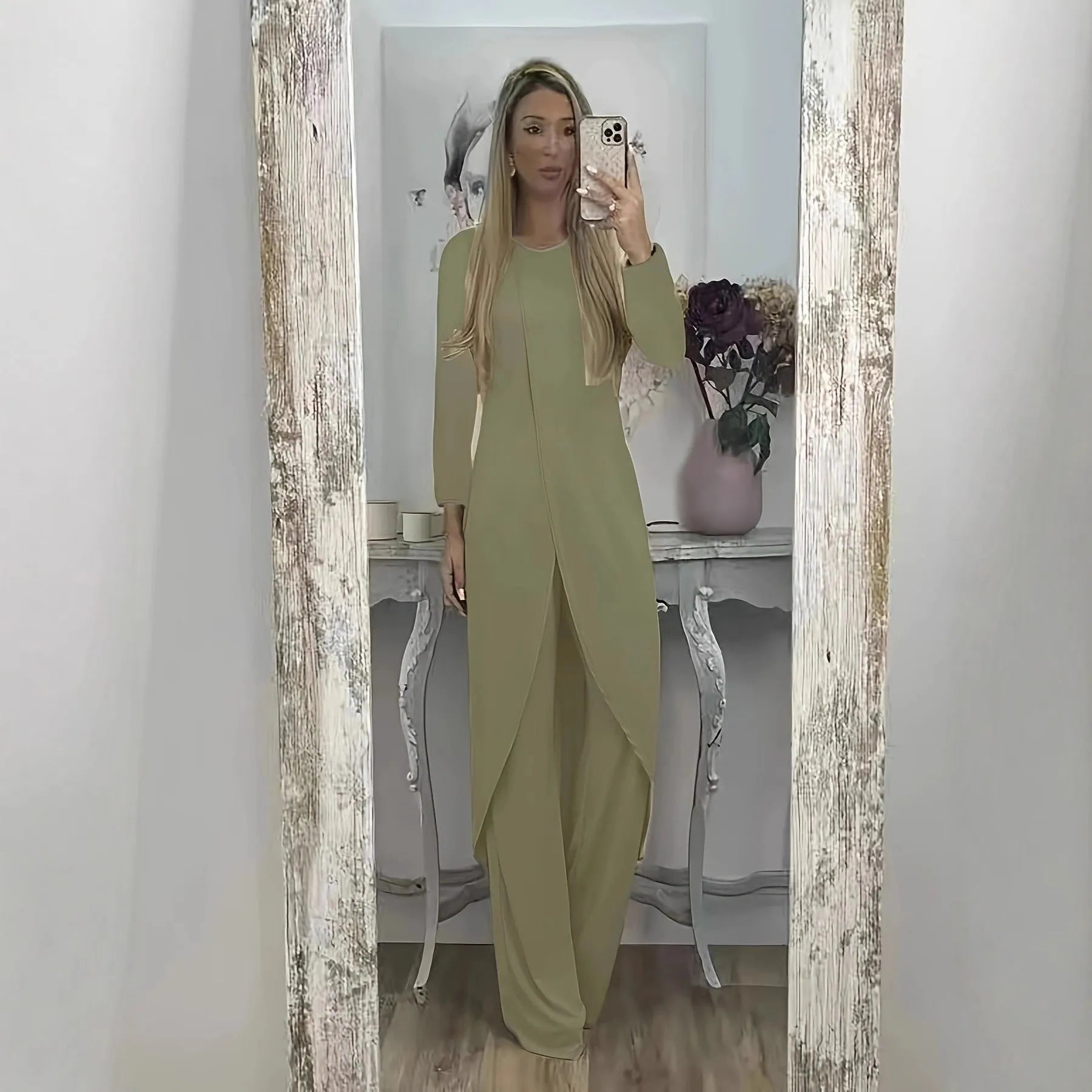 Women's black polyester long sleeve two-piece lounge set with loose fit round neck top and trousers