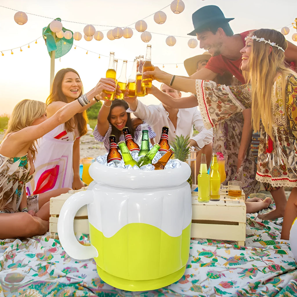 Yellow inflatable PVC ice bucket for beer steins and drink cans at an outdoor setting.