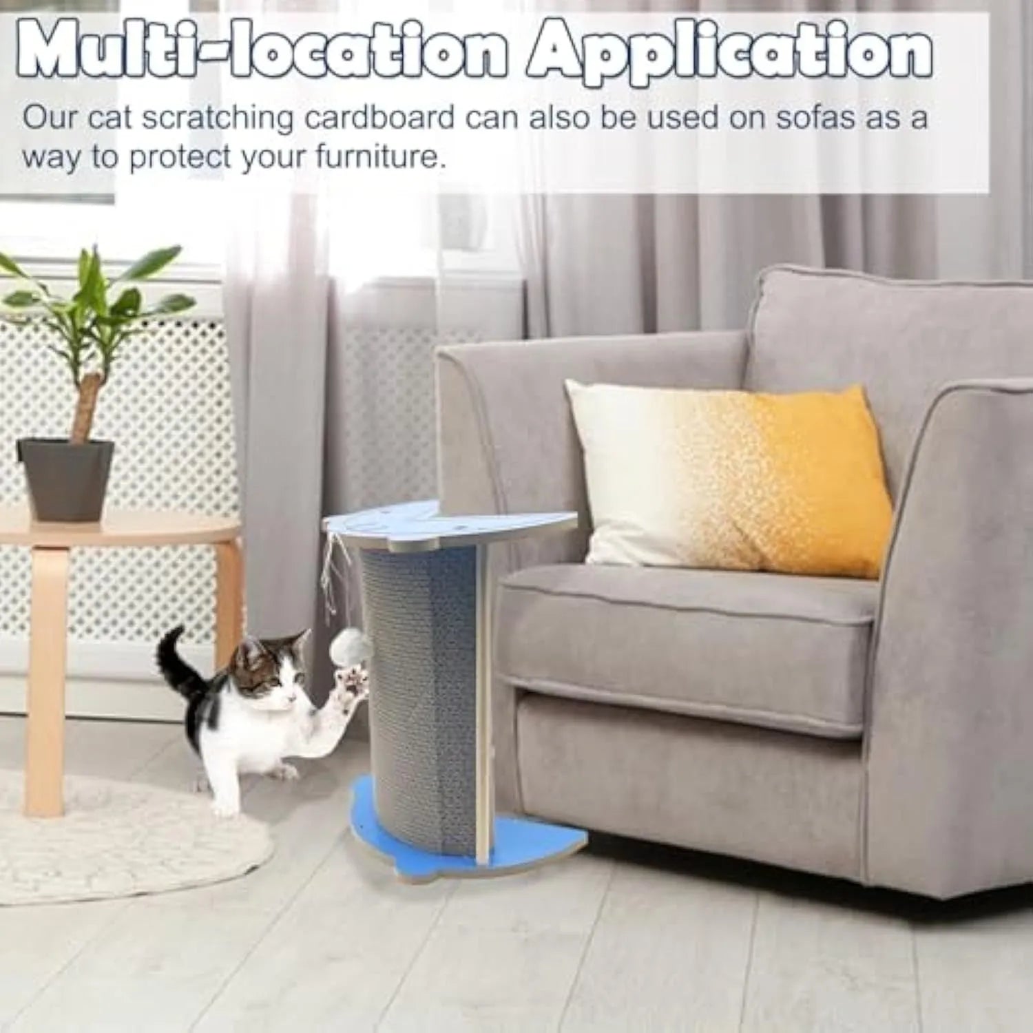 Grey cardboard cat scratching pad in a room corner with a hanging ball attached.