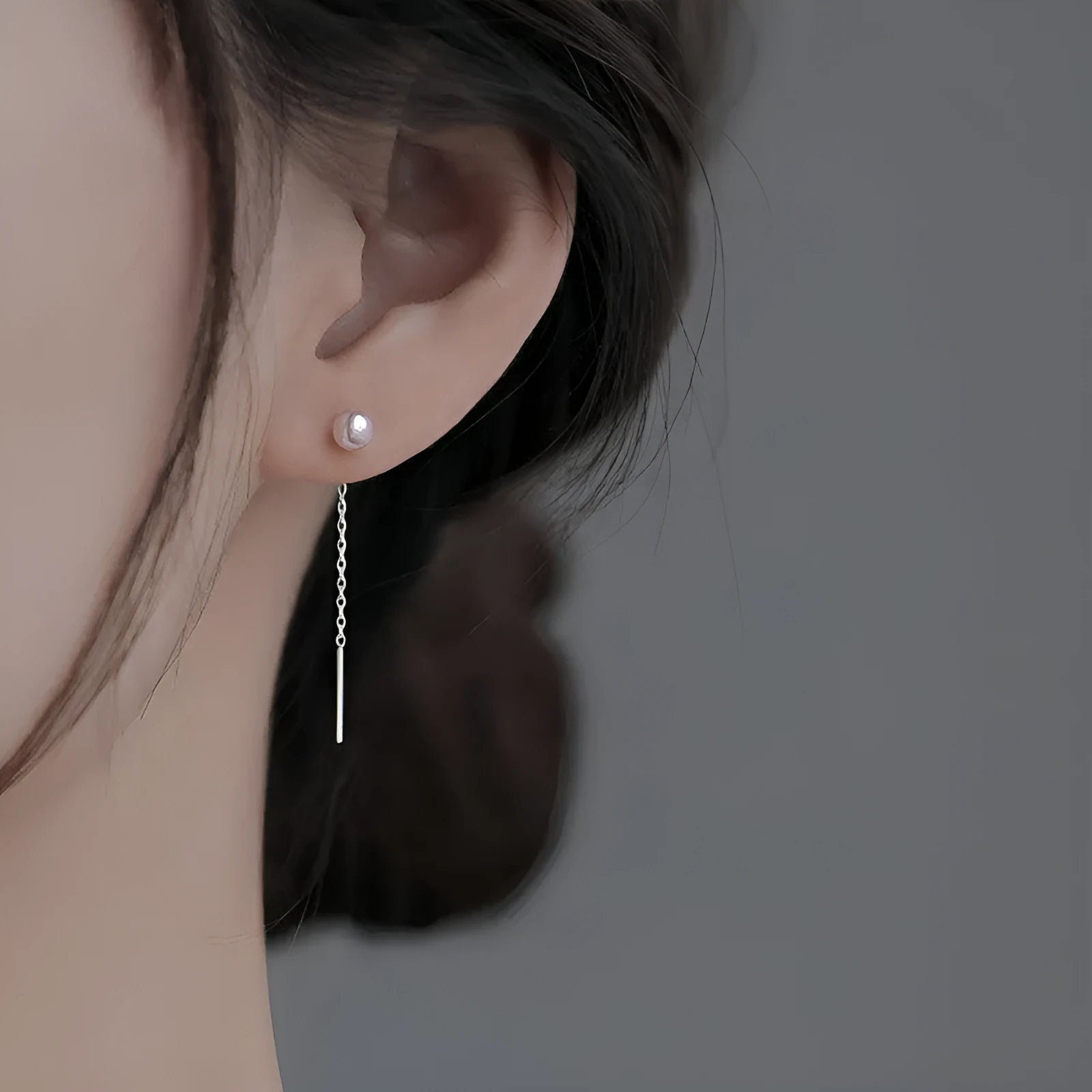 Sterling silver threader earrings with pearl, zircon, or geometric dangle designs and alloy ear wire.