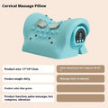 Blue-green cervical massage pillow with EMS, vibration and hot compress functions measuring 17x10x12cm