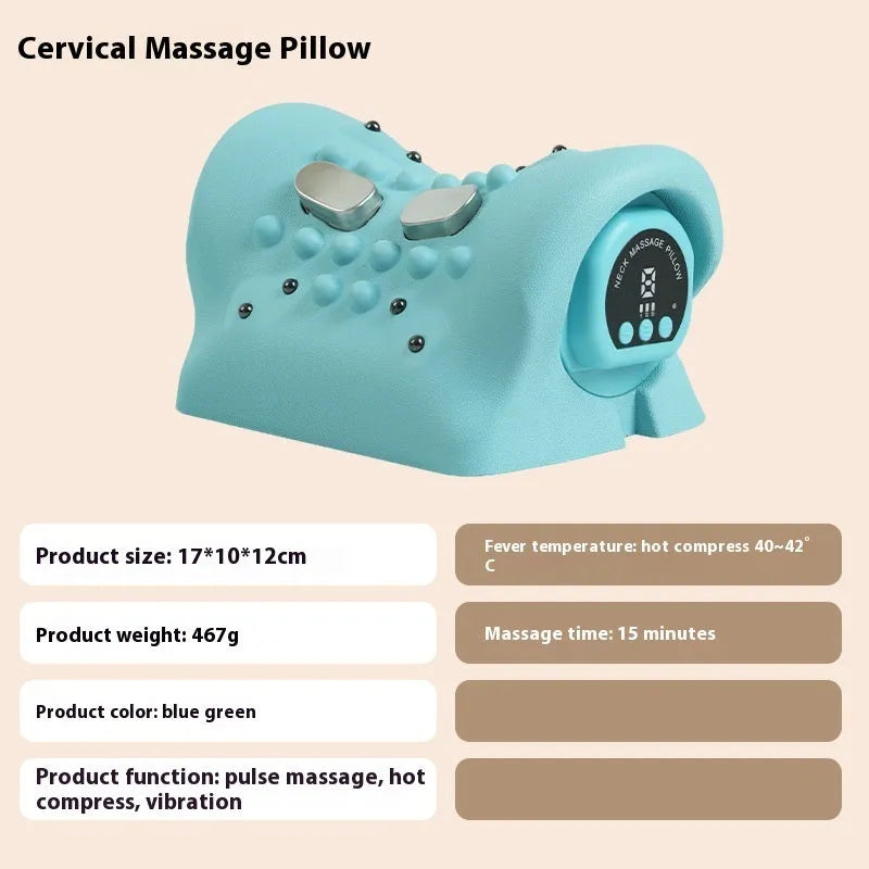 Blue-green cervical massage pillow with EMS, vibration and hot compress functions measuring 17x10x12cm