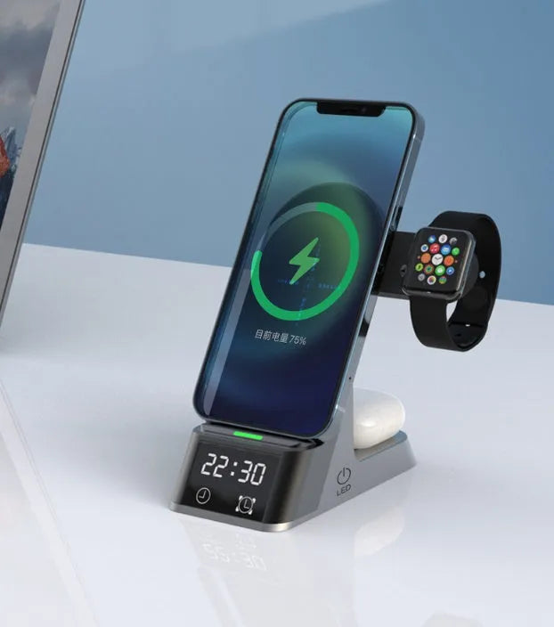 Black multifunctional wireless charging alarm clock with phone, watch, and earphone charging pads