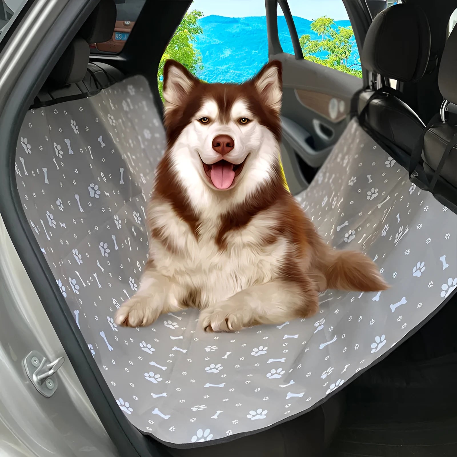 Car pet mat for rear seats with water resistant cloth and dog paw print design in grey colour
