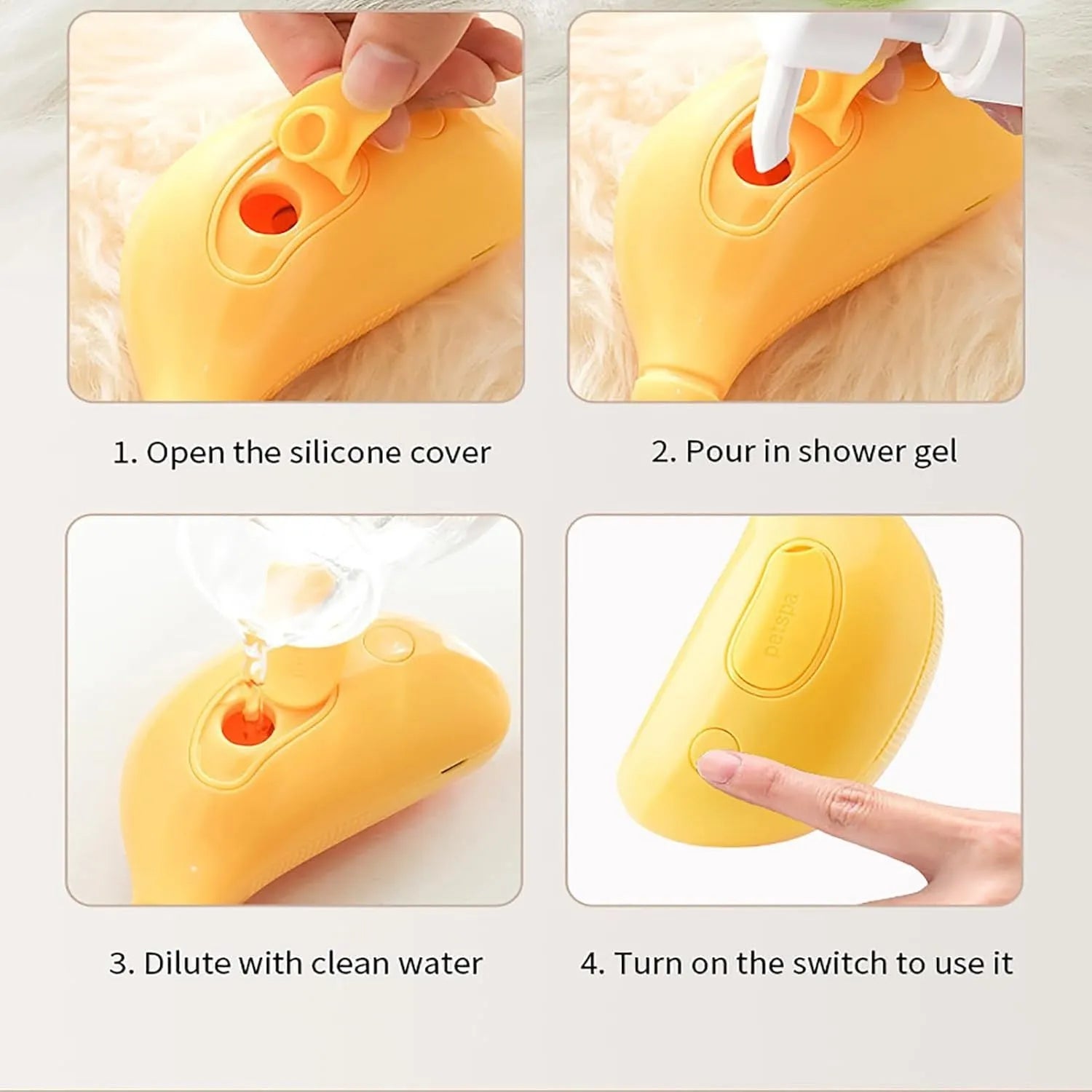Rechargeable cat steam grooming brush with round teeth and cat paw ends in green or yellow colour