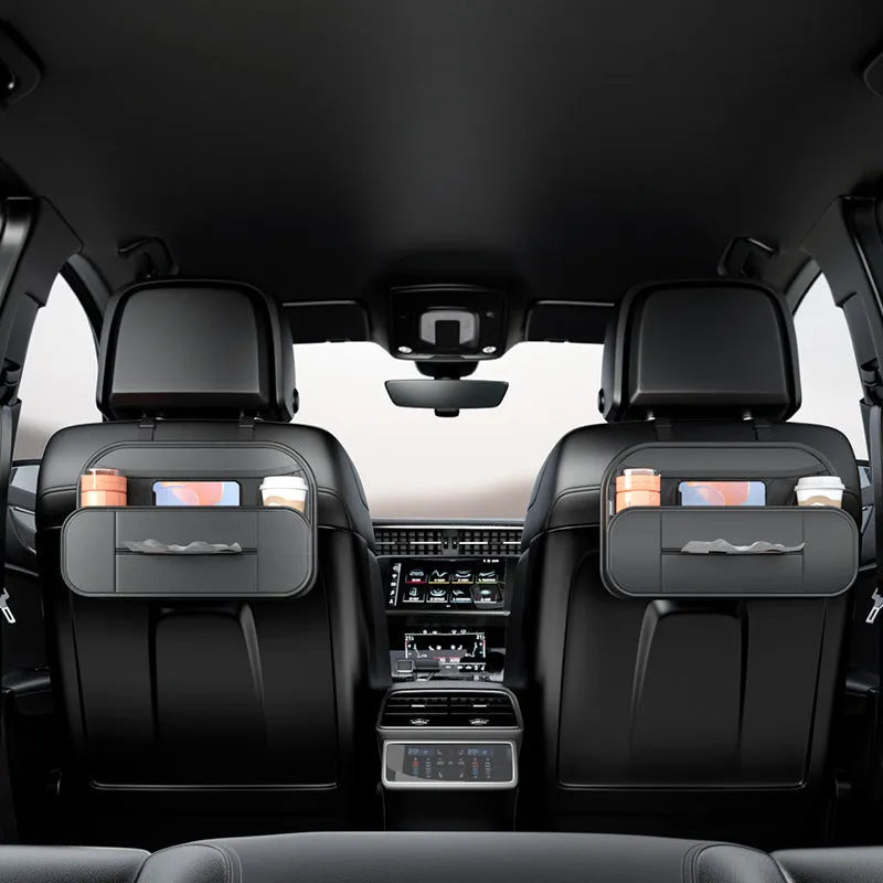 Black leather car seat rear storage bag showing its storage box design and dimensions.