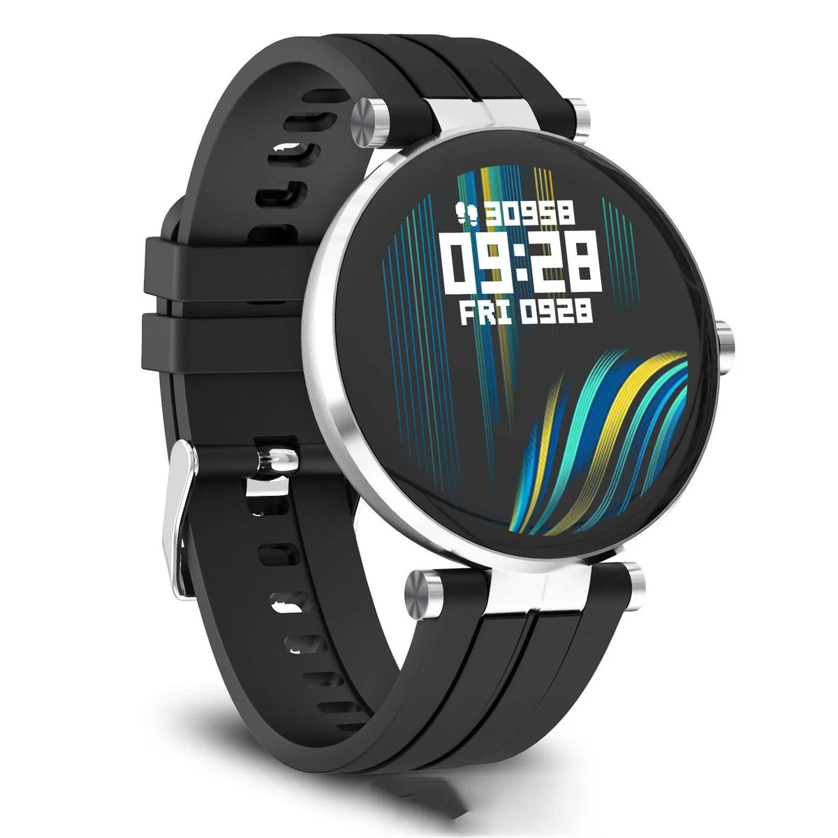 Smart watch with blood pressure monitoring on wrist displaying heart rate data