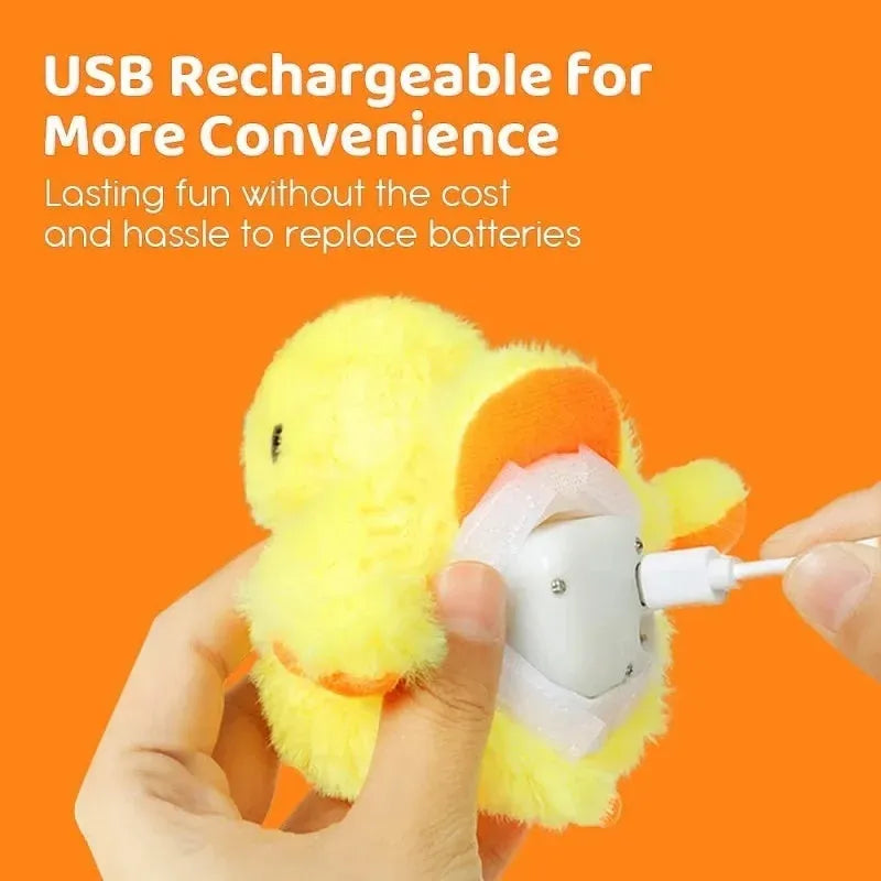 Yellow flapping duck cat toy with plush material and USB charging cable