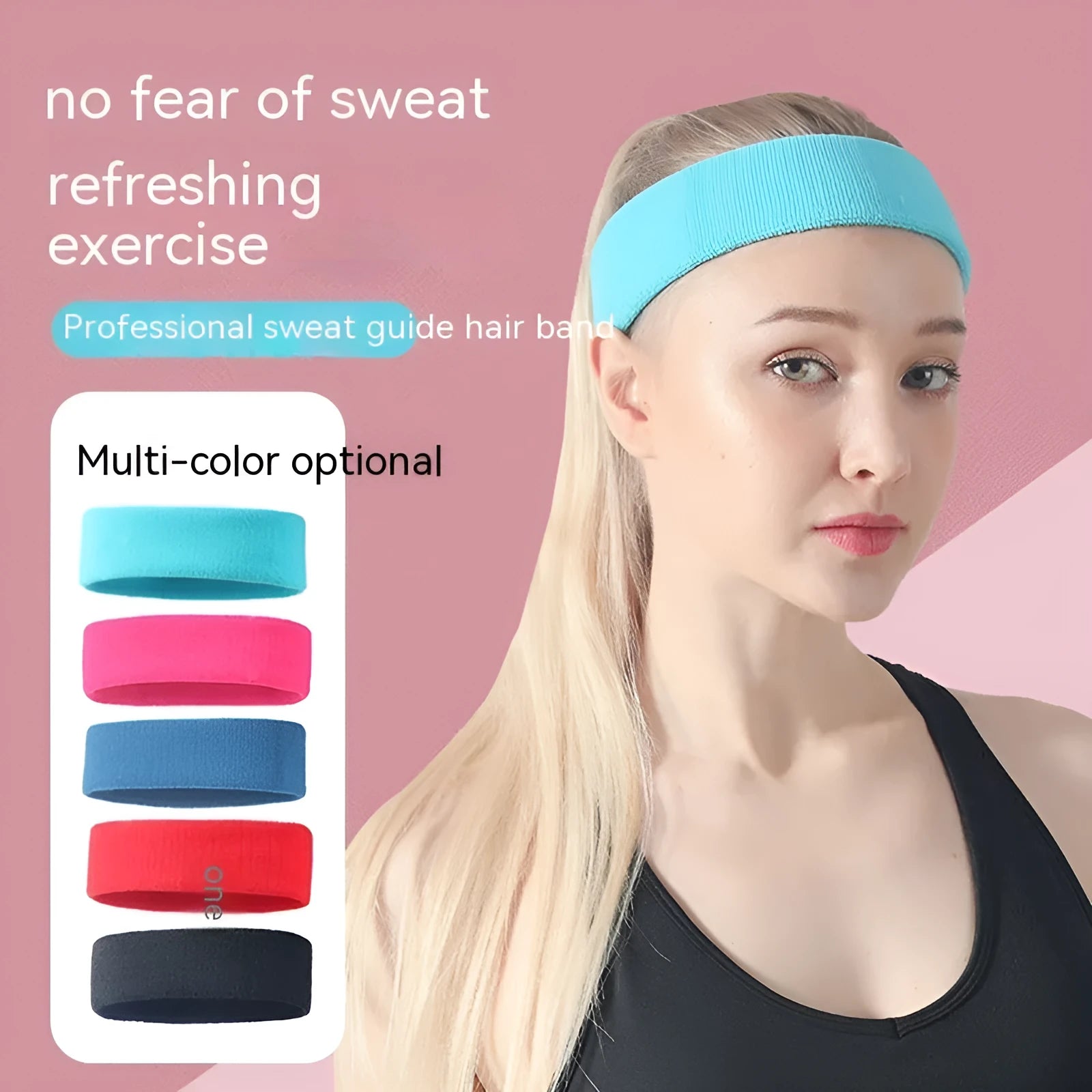 Widened elastic sports sweat headband in solid colours: black, red, blue, rose red, sky blue.
