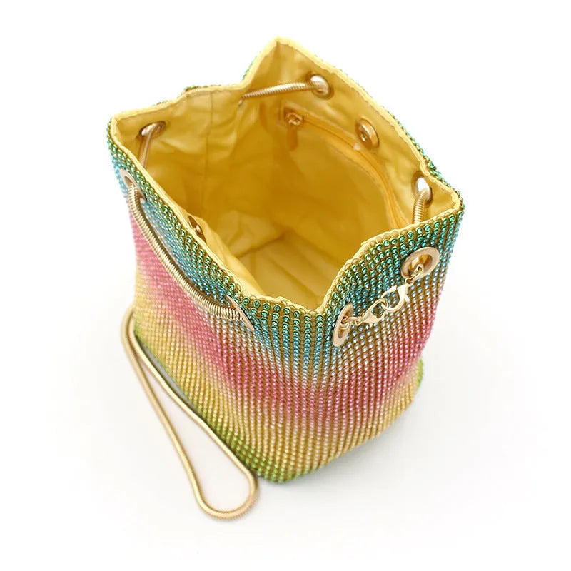 Rainbow colour rhinestone bucket bag with full crystal diamond coverage and soft construction
