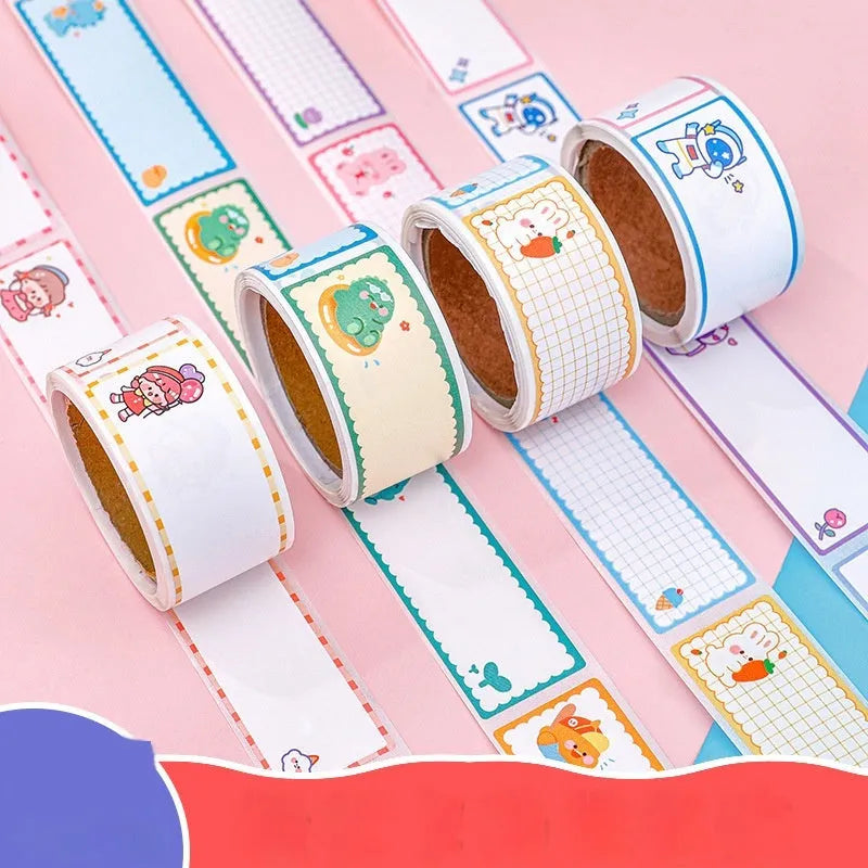 Roll of colourful cartoon name stickers with dinosaur, astronaut, rabbit, and girl designs for labelling.