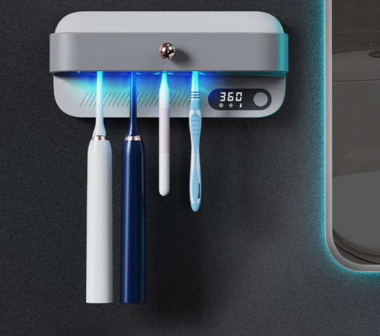 White wall-mounted smart toothbrush steriliser with UV disinfection and USB charging port