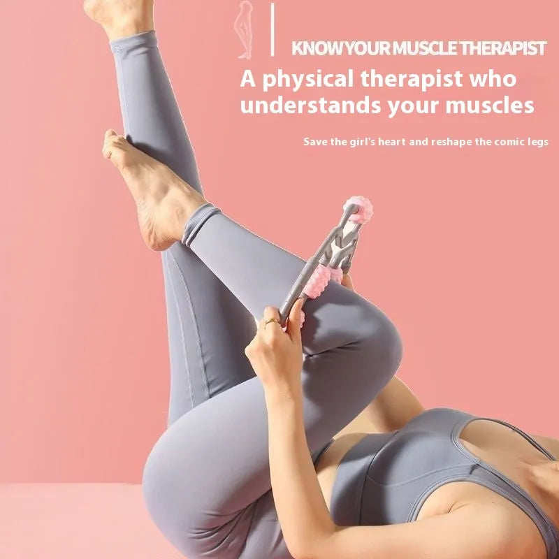 Leg massager roller with clip ring in various colours showing multi-wheel design for muscle relaxation
