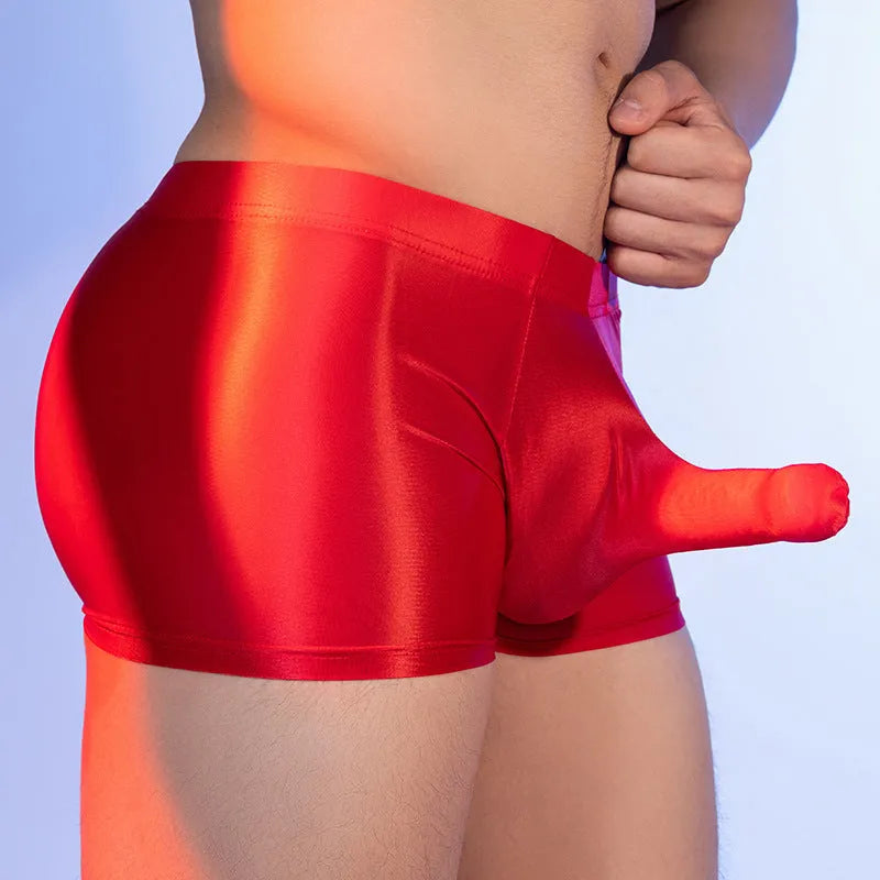 Men's seamless nylon boxers with elephant nose design in red black white and dark gray colors