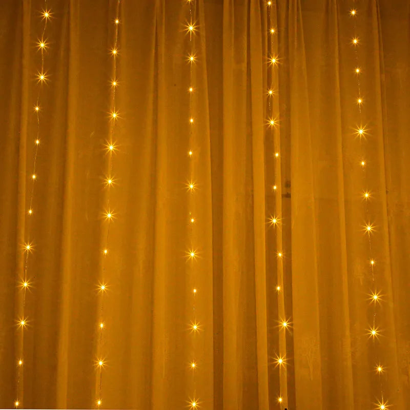Copper curtain Christmas lights with LED beads in blue colour, showing romantic star lights effect for holiday decoration