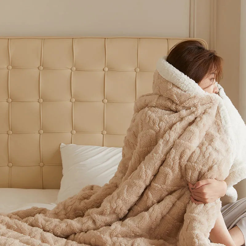 Polyester thermal flannel blanket in tea green colour showing textured surface and modern simple design
