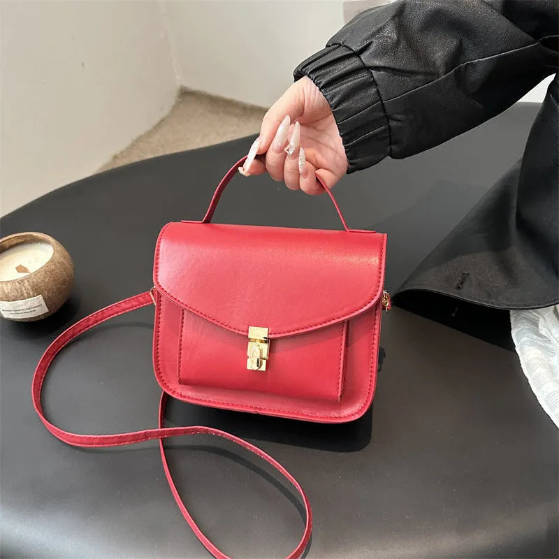 Urban simplicity horizontal square PU crossbody bag with sewing line details and nylon lining in black, white, red, or dark brown