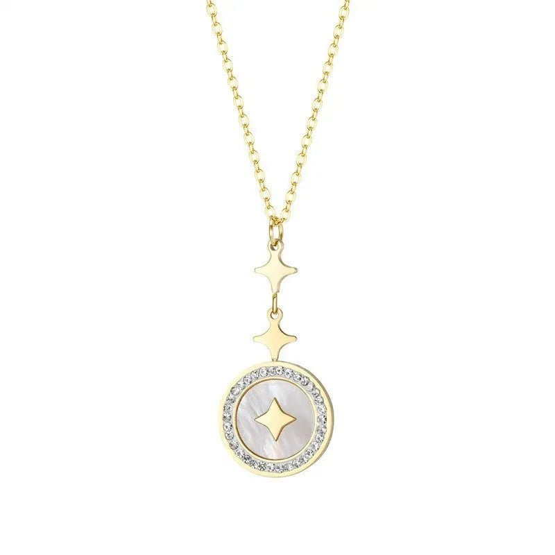 Gold titanium steel necklace with six-pointed star pendant and diamond accents on 42cm chain