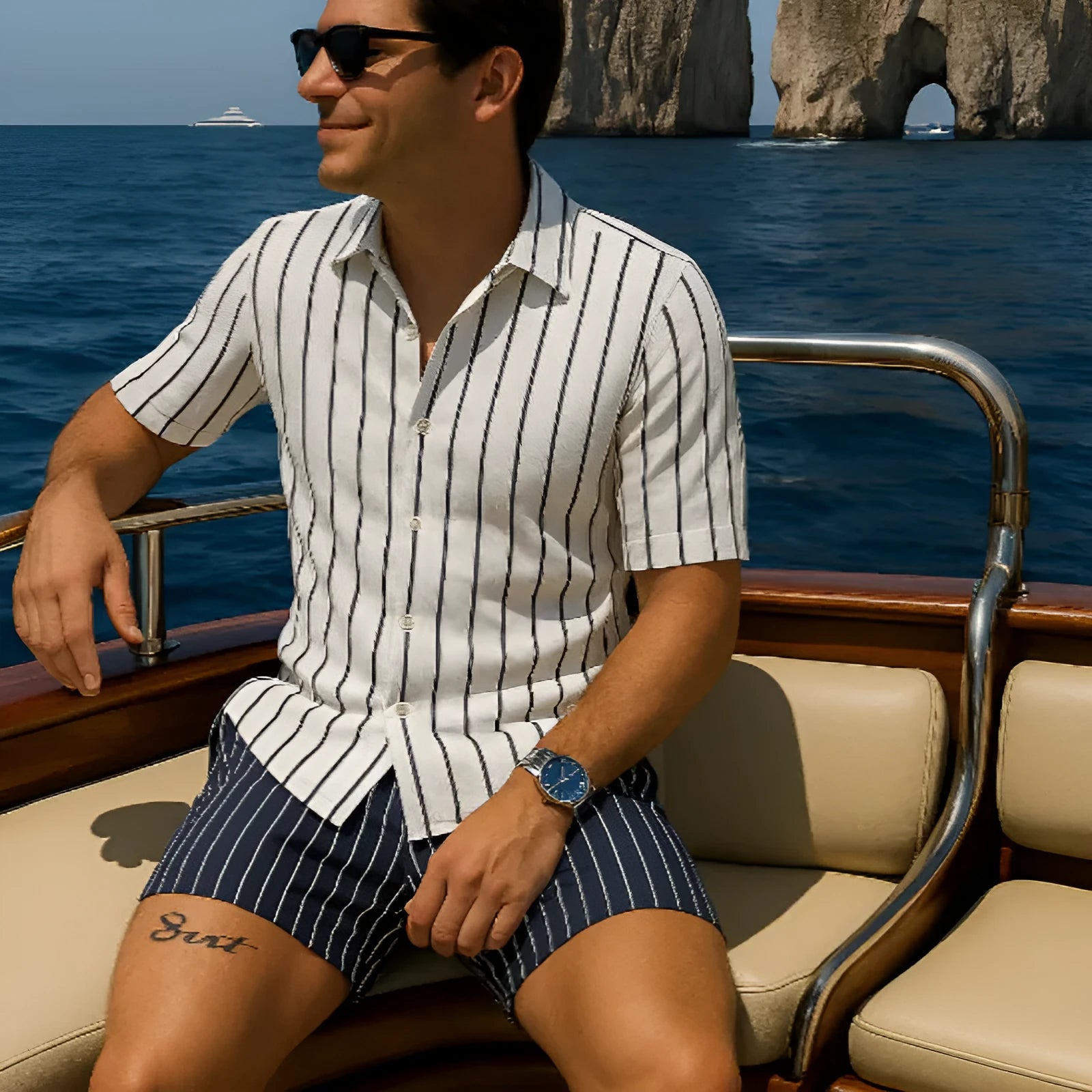 Men's light mature casual beach shirt and shorts set in four-sided elastic fabric