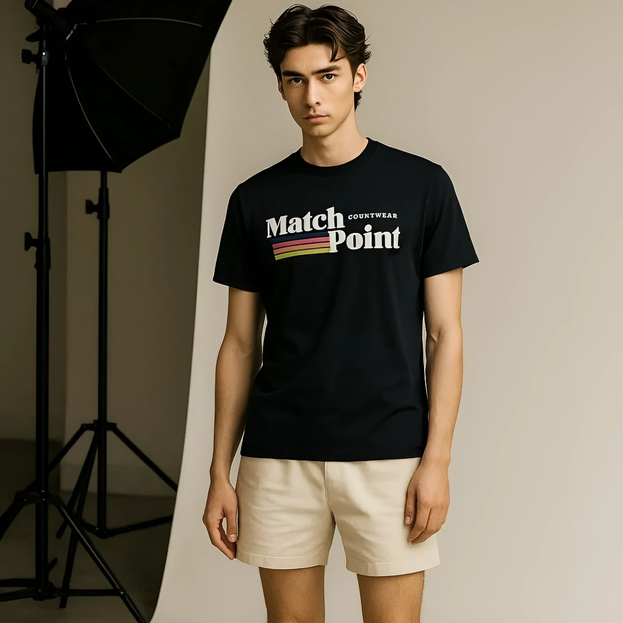 Men's black t-shirt with a 3D digital printed pattern, round neck, and short sleeves.