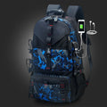 Men's large black waterproof oxford cloth hiking backpack with contrast straps and multiple compartments.
