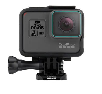 GoPro Hero camera with transparent 9H tempered glass screen protector and lens protector film kit.