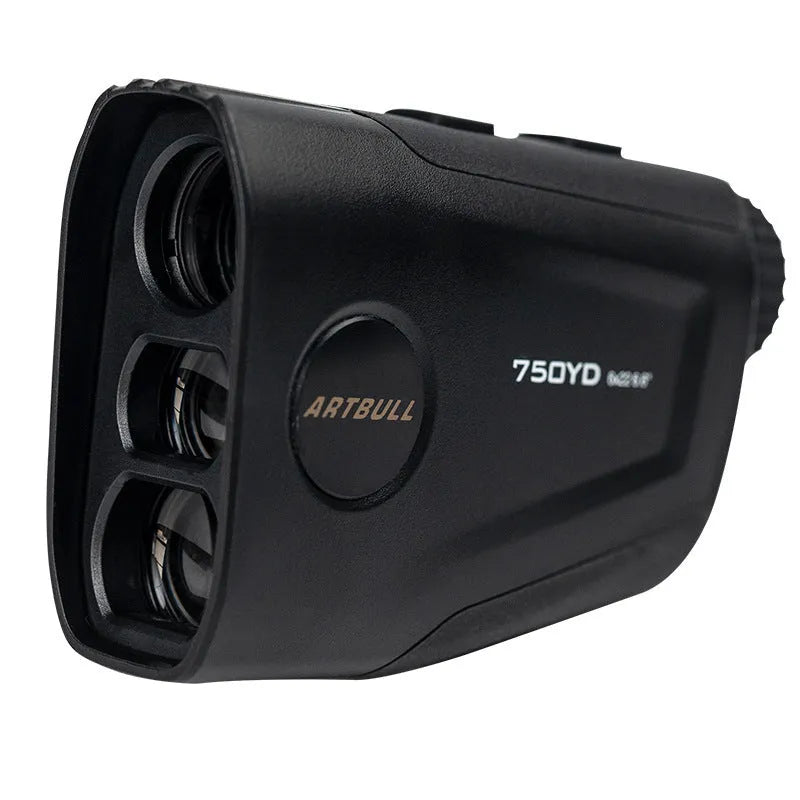 Rechargeable golf laser rangefinder with LCD display showing 750 yard range and flag lock vibration feature
