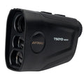 Rechargeable golf laser rangefinder with LCD display showing 750 yard range and flag lock vibration feature