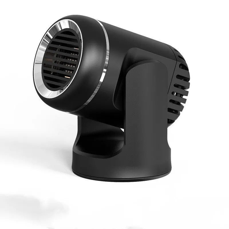 Black and white portable 12V car heater with dual cold/warm function for defrosting windscreens