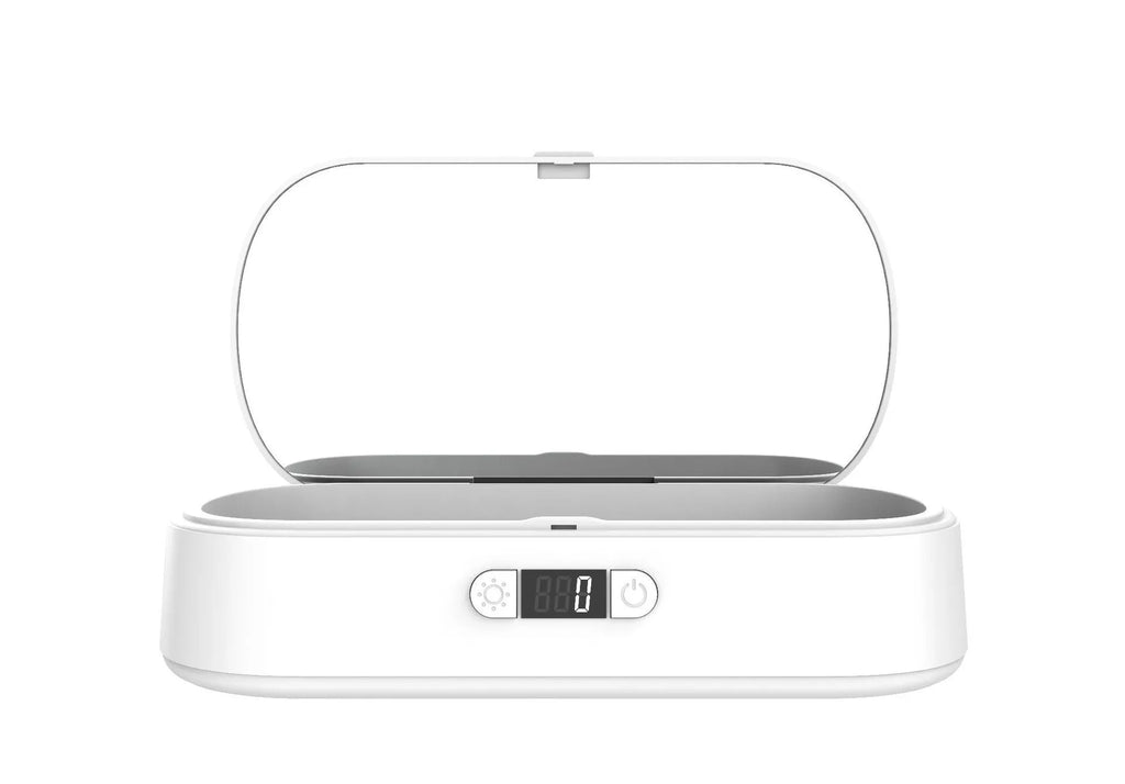 White wireless UV sterilizer box with ABS casing open to show interior for cleaning phones and jewellery