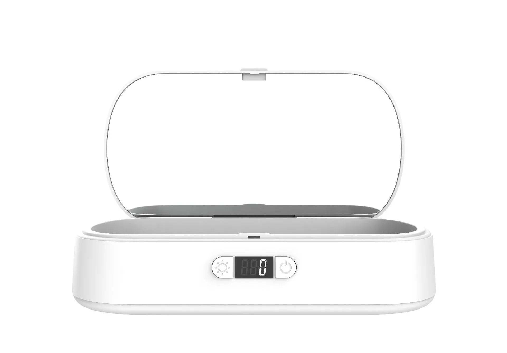 White wireless UV sterilizer box with ABS casing open to show interior for cleaning phones and jewellery