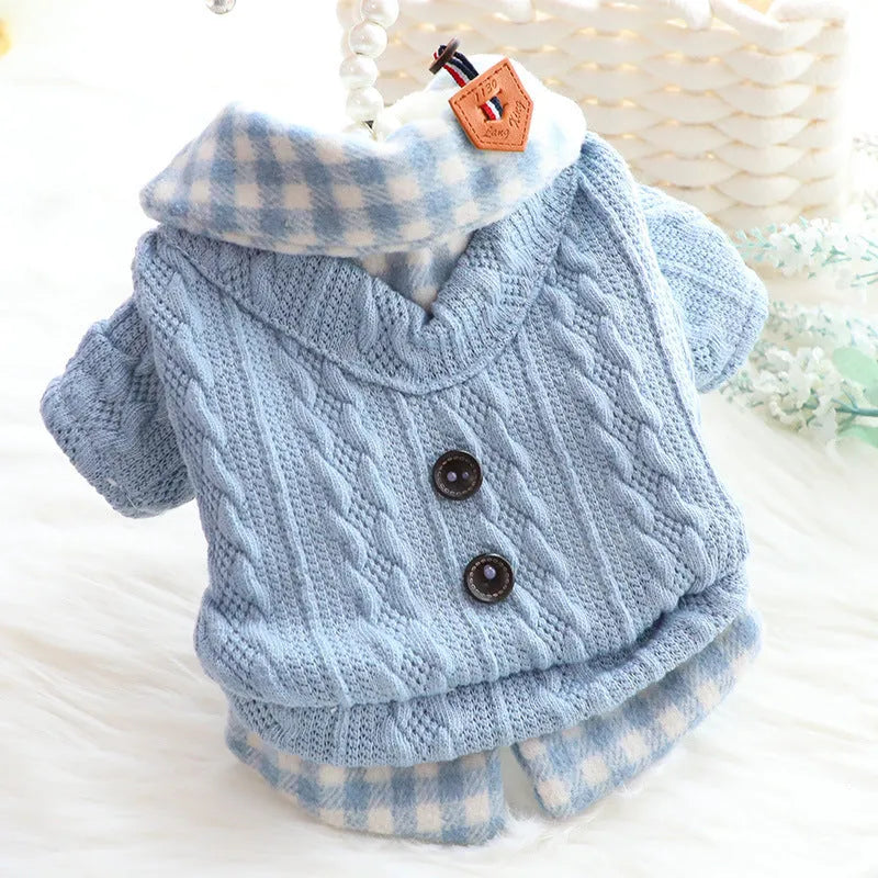 Blue wool plaid dog sweater with faux two-piece design and fleece lining for small to extra large dogs