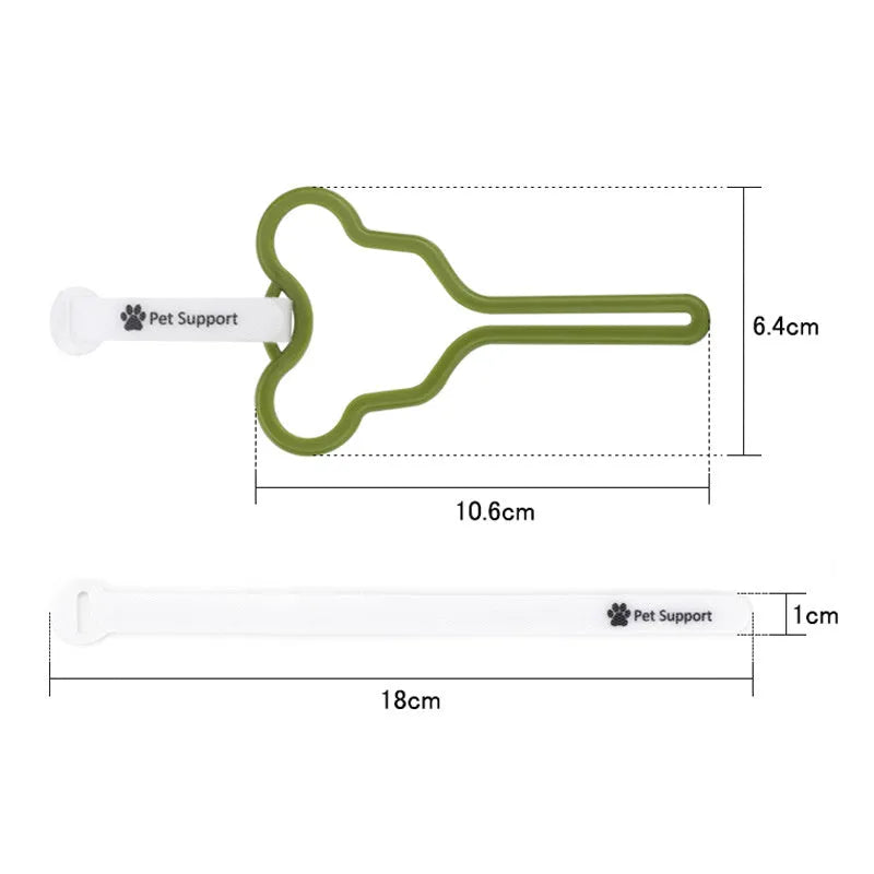 A hands-free dog poo bag holder with a fixed clip and adjustable Velcro strap attached to a dog lead.