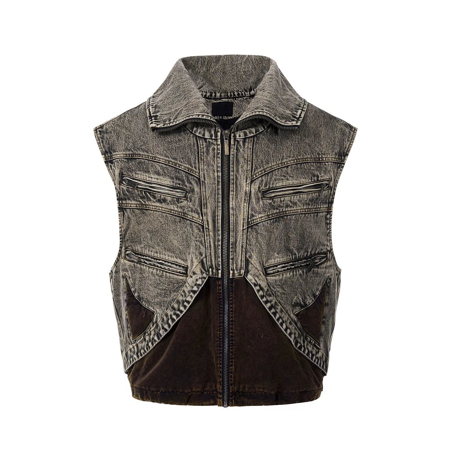 Men's light blue splicing denim sleeveless vest with a front zip closure.